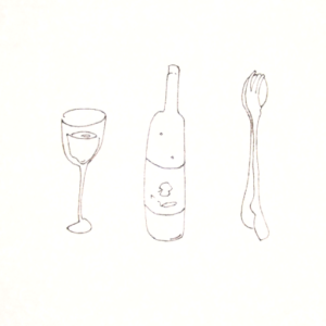 glass, bottle, folk, and spoon