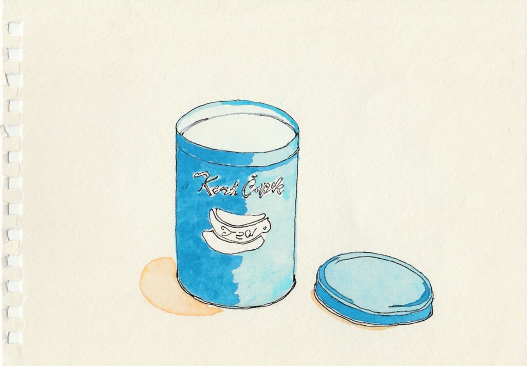 カレル・チャペックの青い缶の水彩画